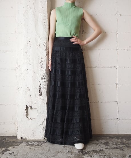 Satin×lace  Tiered Skirt BK