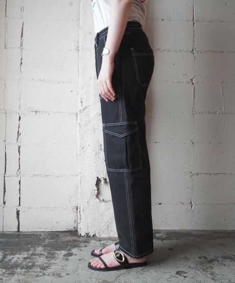 Wide Leg Cargo Pants with White Stitching BK WH