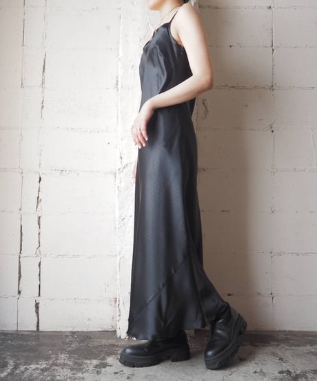 Satin Long Flared Camisole Dress BK