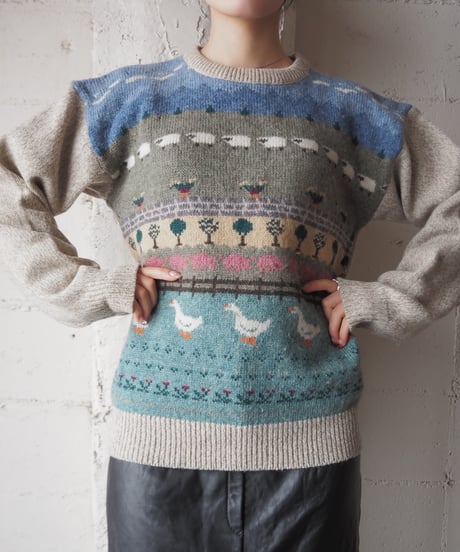 1980's Eddie Bauer Ranch Pattern Knit BE BL GN
