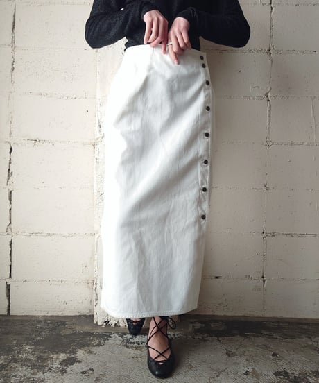 Side Button White Denim Tight Skirt WH