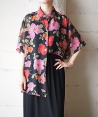 Flower Pattern Sheer Short Sleeve Shirt BK PI OR