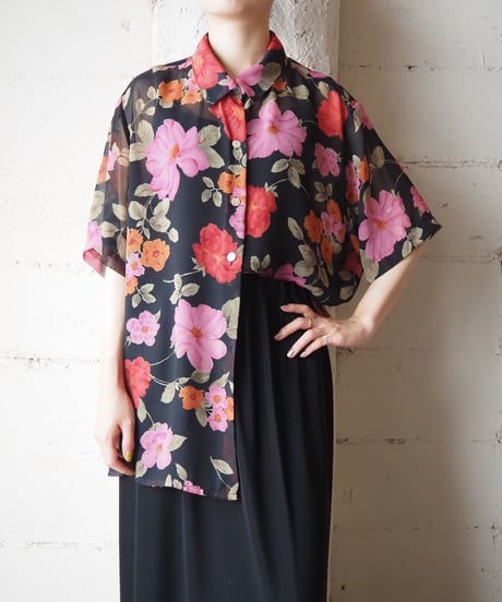 Flower Pattern Sheer Short Sleeve Shirt BK PI OR