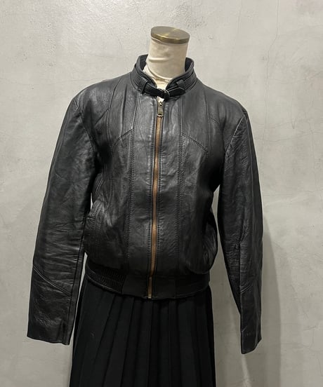 Belt Neck Zipup Leather Jacket BK