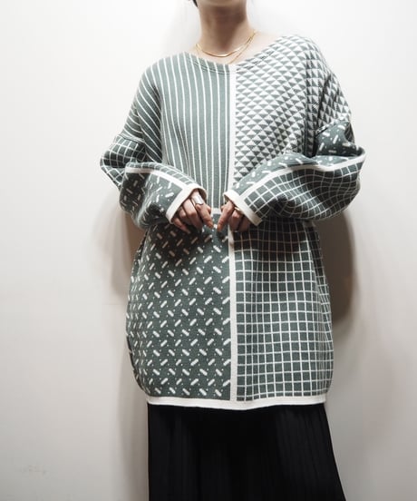 Pattern Crew Neck Cotton Knit GRWH