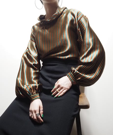 Volume Sleeve Stripe Silk Blouse BRGN