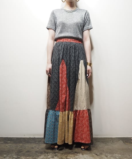 Patchwork Tiered Skirt RE BL