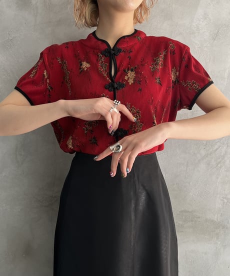 Flower Pattern Pleated China Blouse REBK