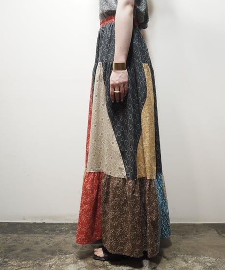 Patchwork Tiered Skirt RE BL