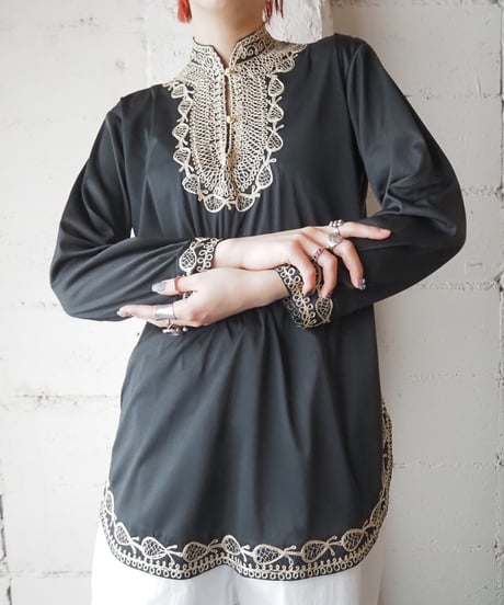 Gold Embroidery Half Button Blouse BKGD