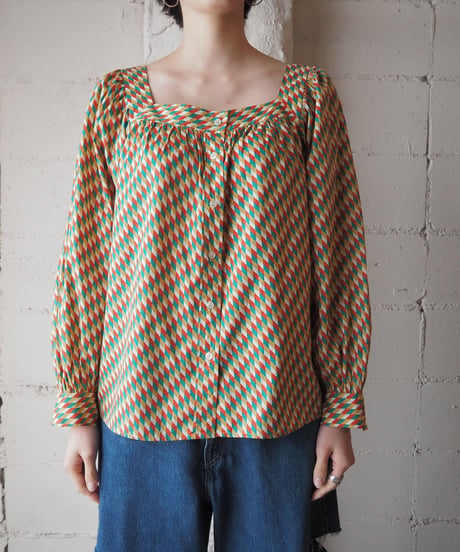 YVES SAINT LAURENT Square Neck Check Blouse OR