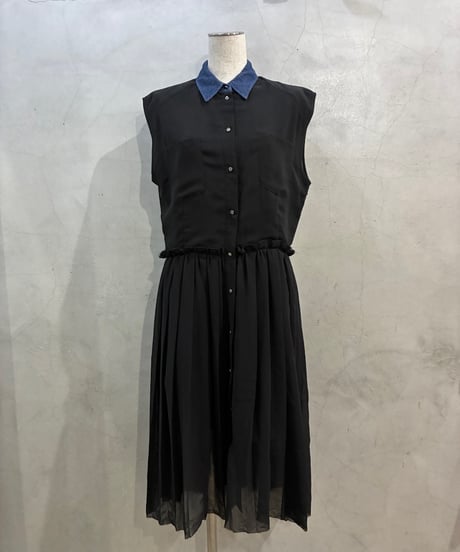 DIESEL N/S Denim Collar Sheer Pleats Dress BK
