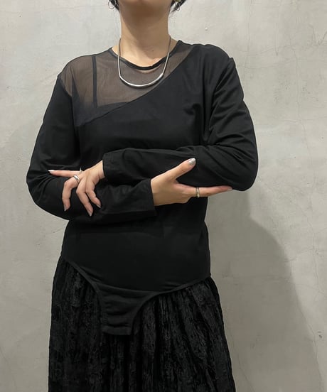 Sheer Switching Crew Neck Bodysuit BK