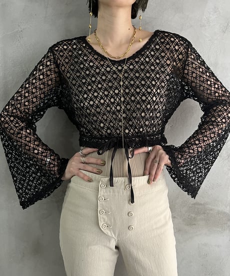 Mesh Cuff Flared Blouse BK