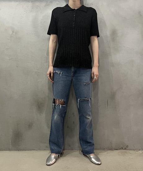 Lame Short Sleeve Polo Knit BK