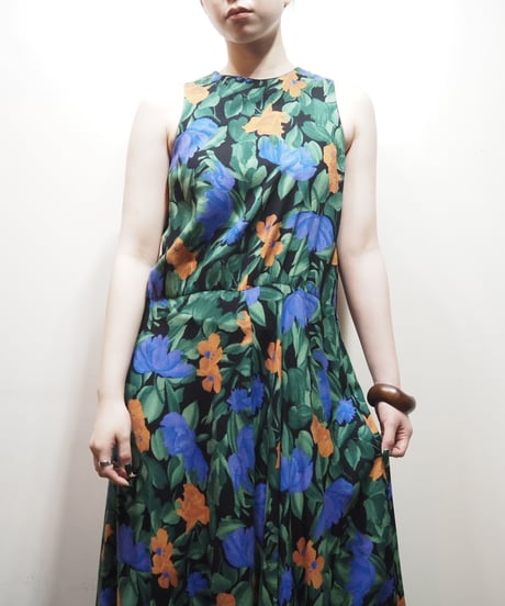 Flower Pattern American Sleeve Dress BKGN