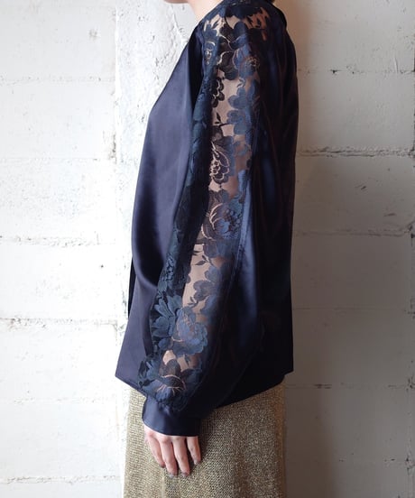 Lace×Satin Dolman Sleeve Blouse BK