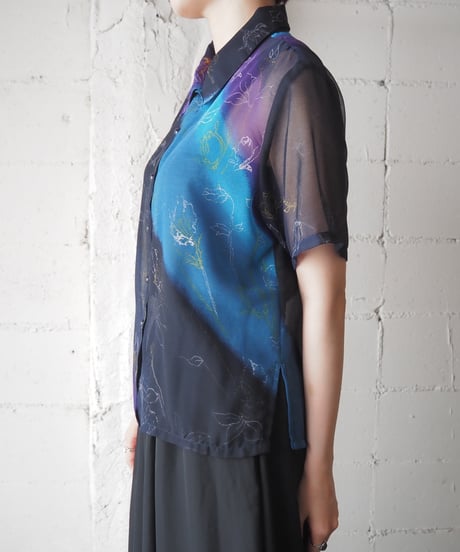 S/S Floral Sheer Shirt BK PU BL
