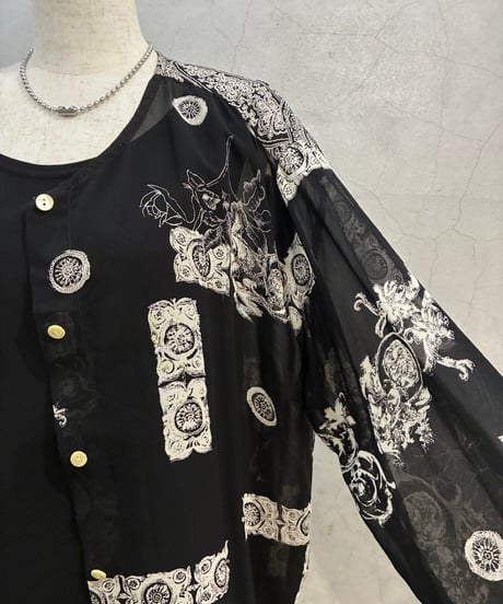 Baroque Motif Collarless Sheer Shirt Dress BK