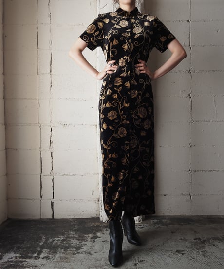 S/S Botanical Pattern Velour Dress BKGD