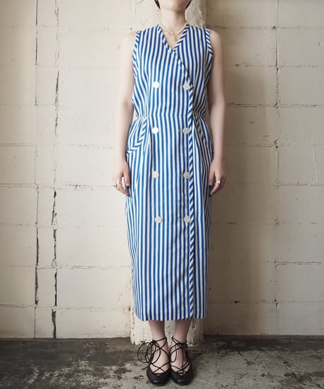 Front Double Button Stripe Dress BLWH