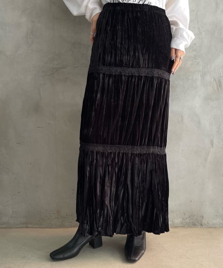 Lather × Lace Front Button Flared Skirt BK