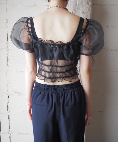 Puff Sleeve Tulle Gather Tops BK
