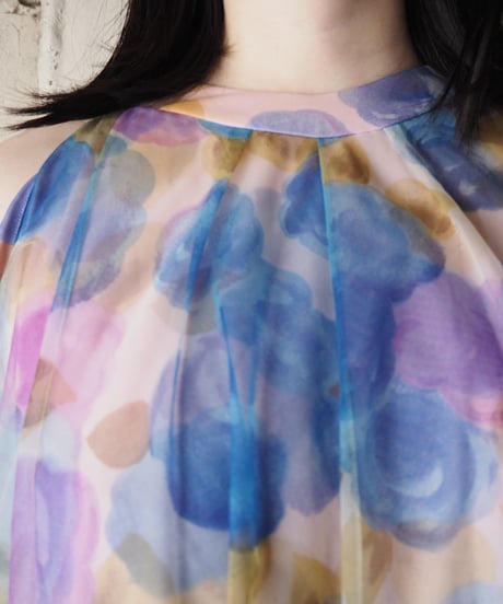 1970's Flower Pattern Sheer Layered Dress WHBLPUR