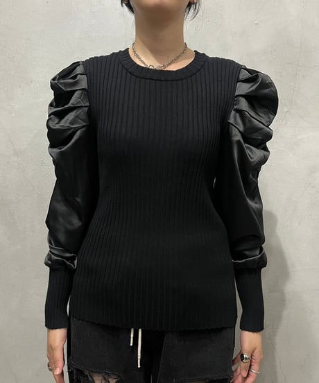 Volume Satin Sleeve Rib Knit BK