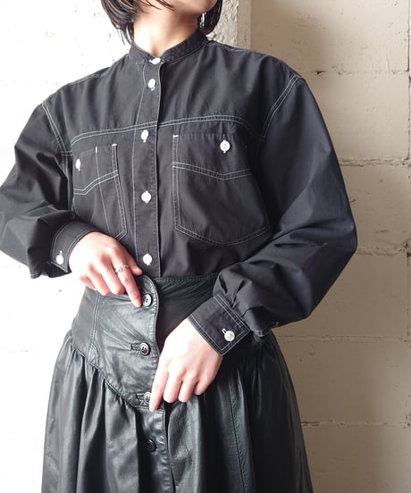 White Stitch Band Collar Shirt BK