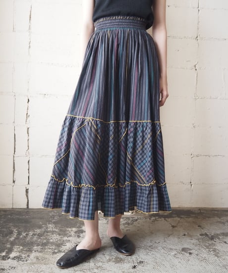 Stripe × Check Tiered Skirt BK