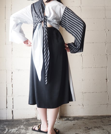 MM6 Maison Margiela Wide Sleeve Stripe Shirt Dress BK WH LBL