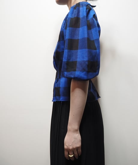 Puff Sleeve Sheer Plaid Blouse BK BL