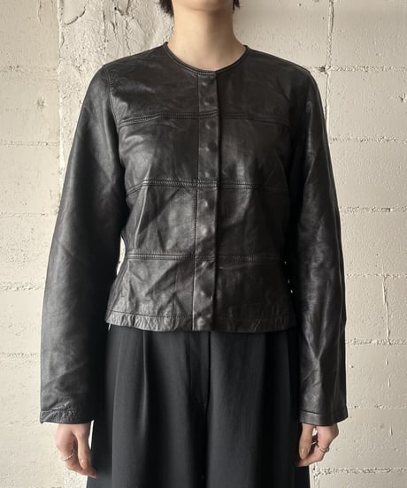 Collarless Snap Button Leather Jacket BK
