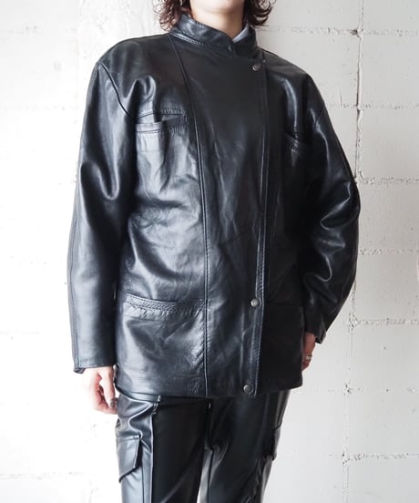 Stand Collar Asymmetry Design Leather Jacket BK