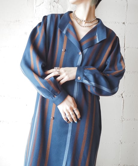 1970's-80's Germany Open collar Stripe Dress BLBR