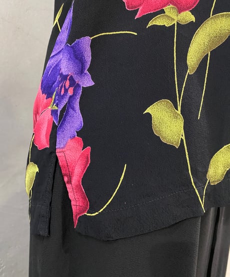 S/S Flower Print Open Collar Shirt BK PUR