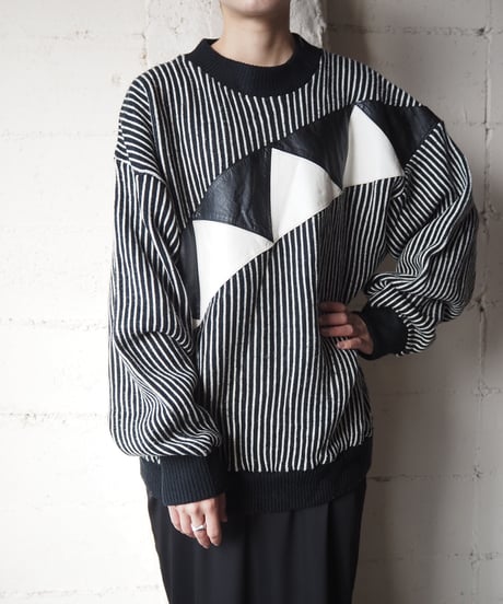 Stripe Leather Switching Knit BKWH