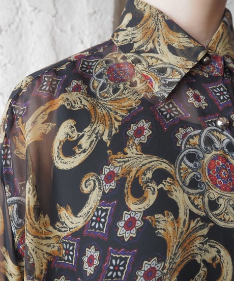 L/S Scarf Pattern Sheer Shirt BKYE