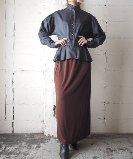 1980's Euro Pleated Peplum Stand Collar Shirt BK