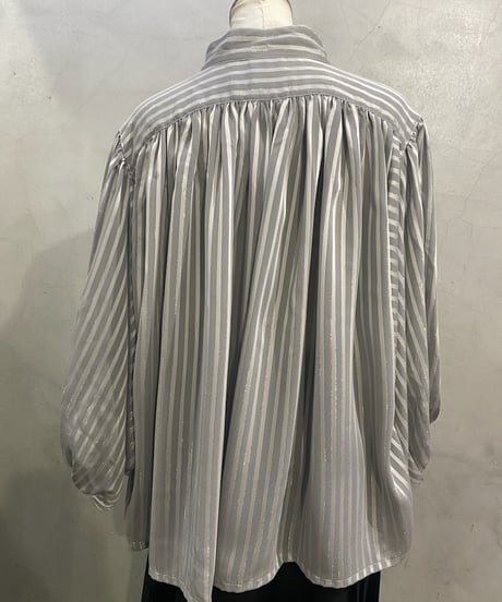 Band Collar Balloon Sleeve Blouse GR WH GD