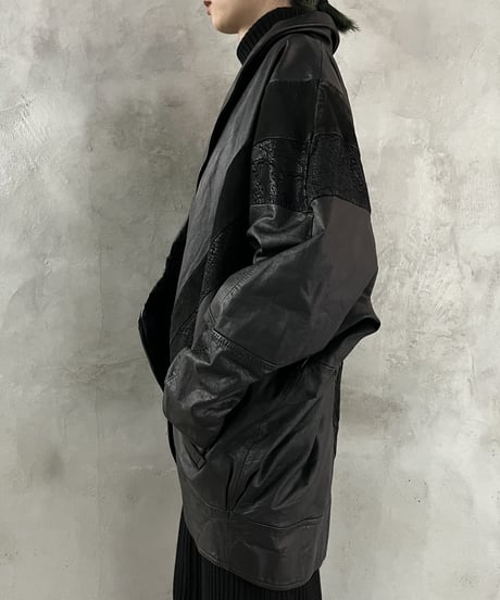 Patch Design Dolman Sleeve Leather Jacket BK