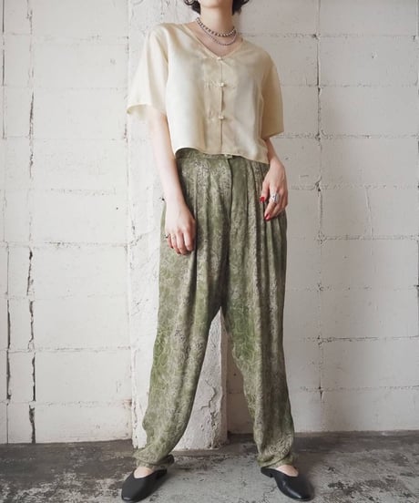 1980's  Leaf Pattern Pants GRN BEG