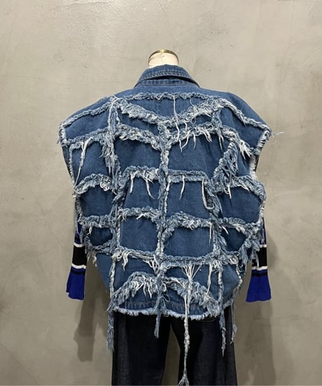 Patchwork Zipup Denim Vest BL