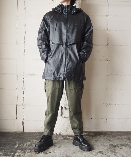 Drawstring Hooded Leather Coat BK
