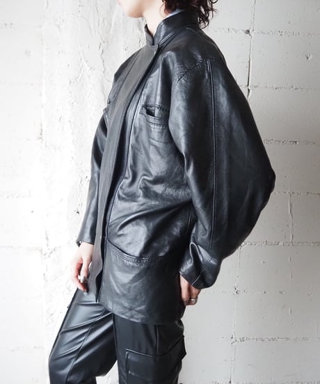 Stand Collar Asymmetry Design Leather Jacket BK