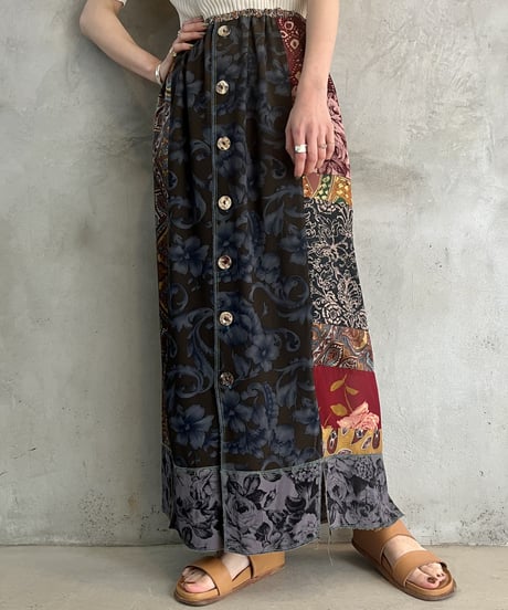 Patchwork Design Front Botton Skirt BURBL