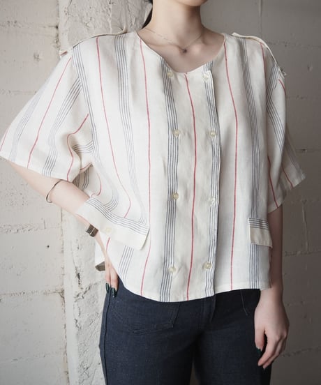 Double Button Collarless Stripe Blouse WH