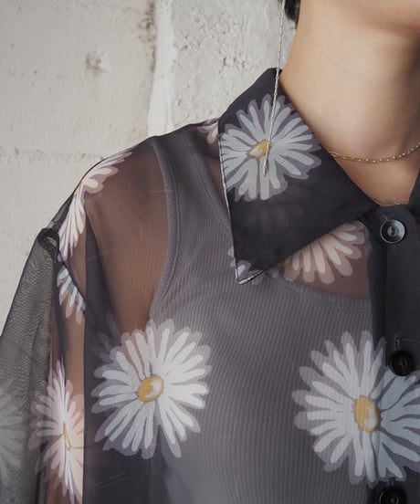 S/S Flower Pattern Sheer Shirt BK WH