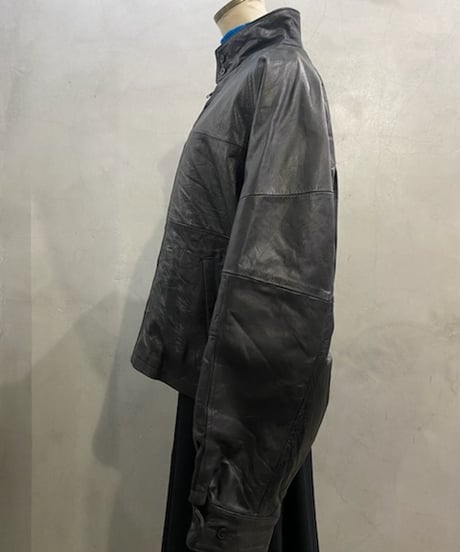 Stand Collar Raglan Sleeve Leather Jacket BK